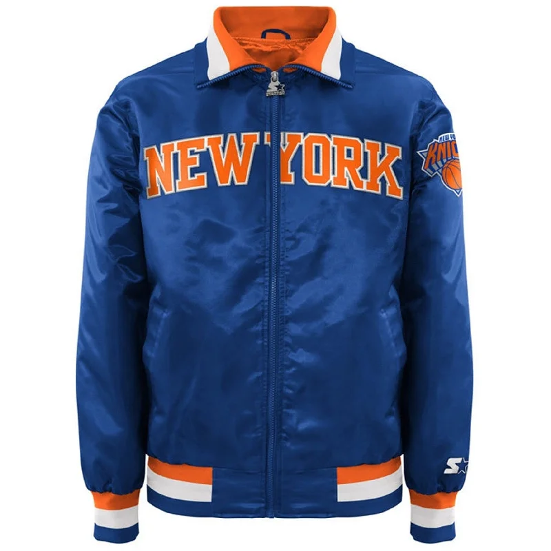 STARTER Mens New York Knicks Satin Varsity Jacket, Blue, Large