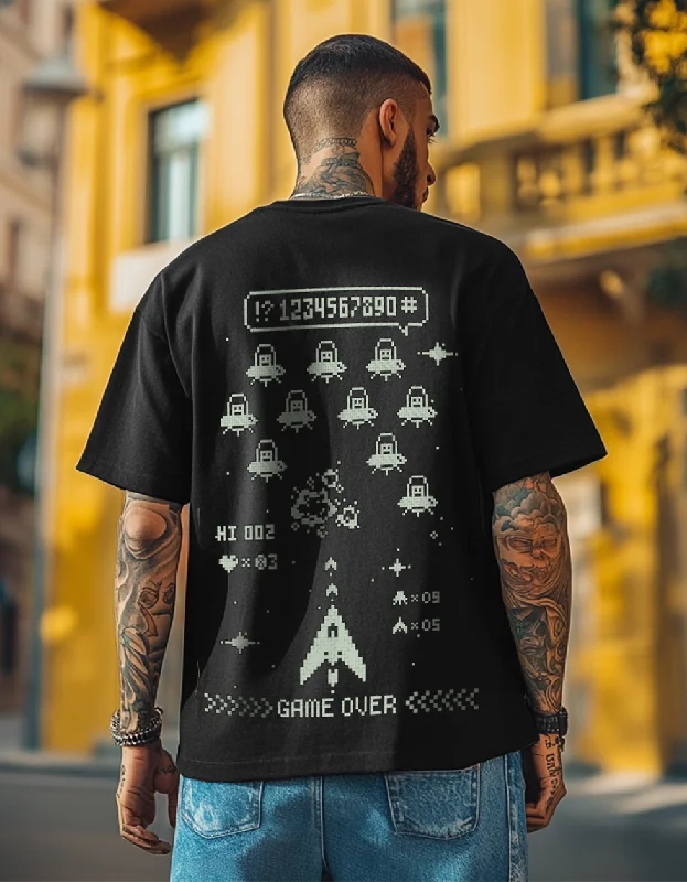 Game Over Black Oversized Back Graphic Printed Tshirt