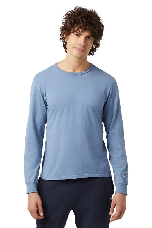 Champion Mens Garment Dyed Long Sleeve Crewneck T-Shirt - Saltwater Blue - Closeout