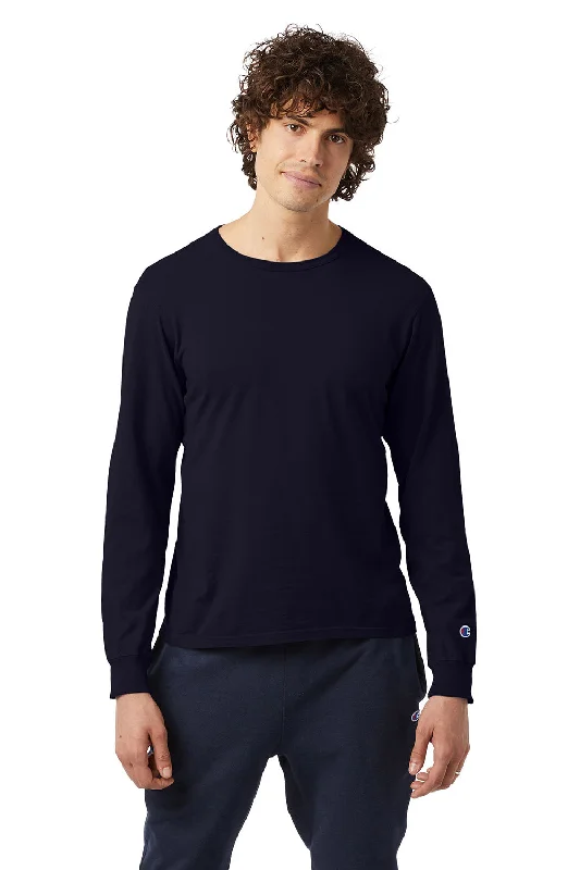 Champion Mens Garment Dyed Long Sleeve Crewneck T-Shirt - Navy Blue - Closeout