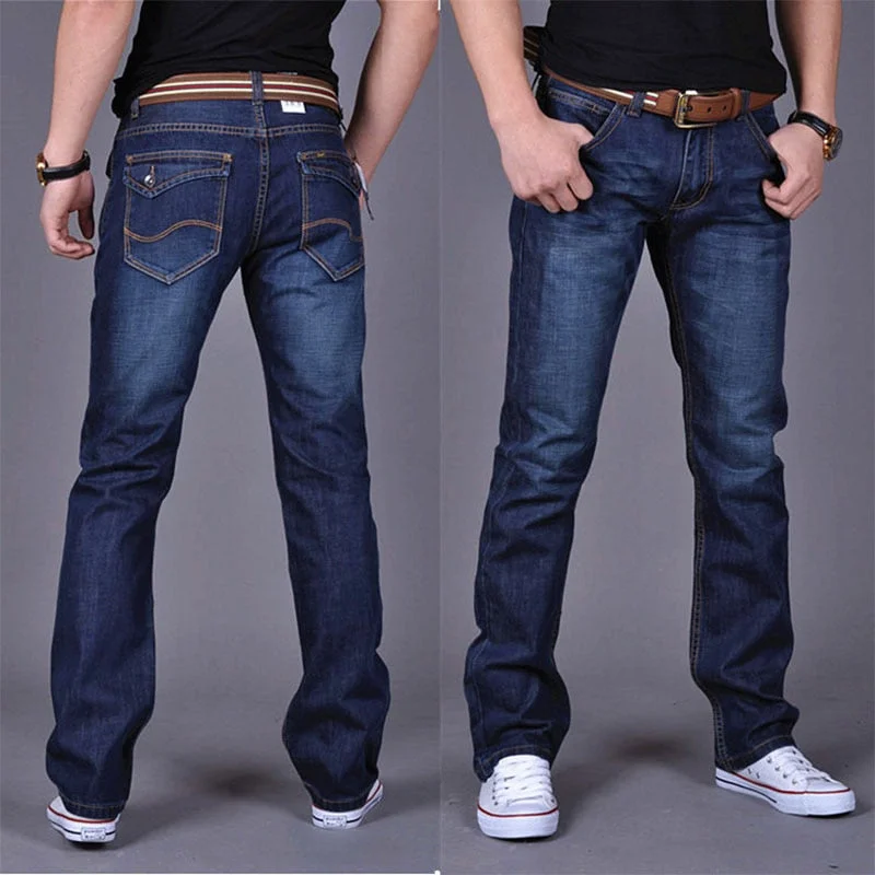 Mens Jeans Classic Straight Denim Jeans with Zippers Pleated Slim Blue Black Jean Men's Scratched Long Pants Trousers