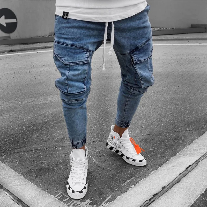 Mens Jeans with Side Pockets Denim Men Trouser New Slim Fit Jeans Men Slim Elastic Waist Pants Calca Motociclista