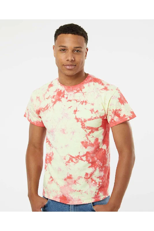 Dyenomite Mens Crystal Tie Dyed Short Sleeve Crewneck T-Shirt - Coral/Soft Yellow