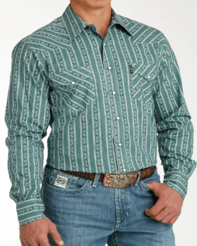 Cinch Men's Green & White Stripe Print Snap Long Sleeve Western Shirt MTW1303076