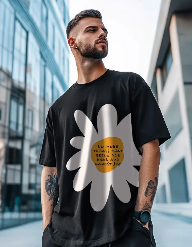 Flower Black Oversized Placement Graphic Printed Tshirt