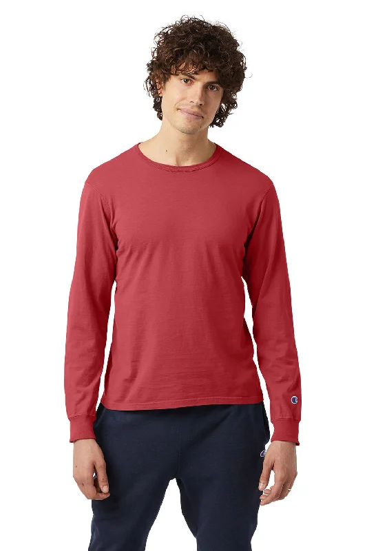 Champion Mens Garment Dyed Long Sleeve Crewneck T-Shirt - Crimson Red - Closeout