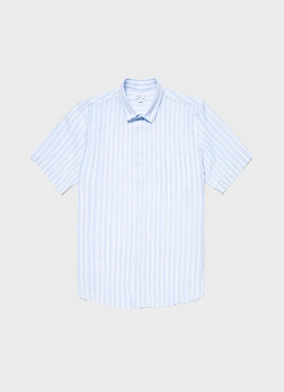 Men's Short Sleeve Linen Shirt in Light Blue/White