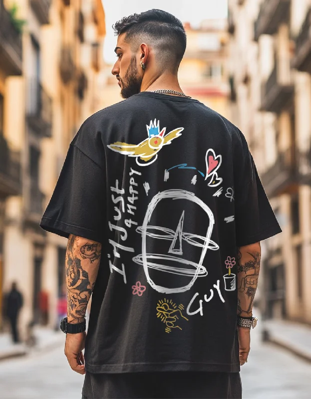 Happy Guy Black Oversized Back Graphic Printed Tshirt