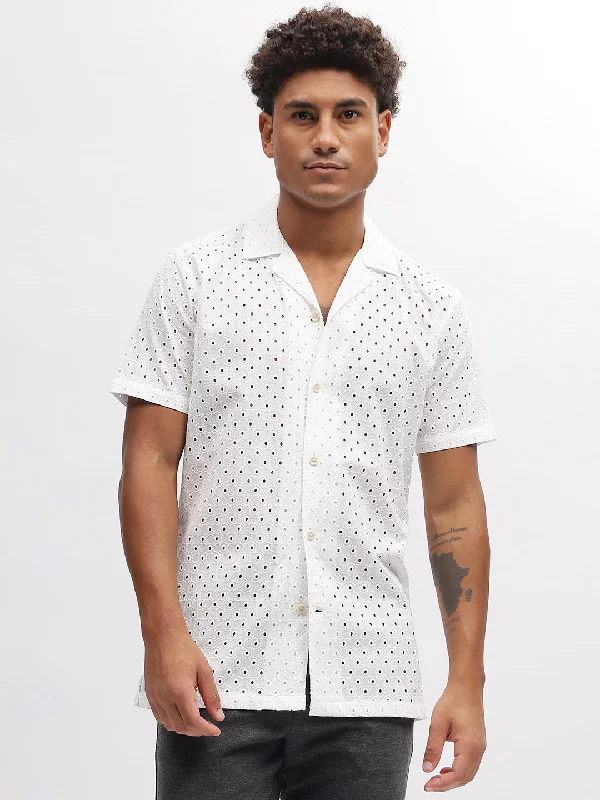 Lindbergh Men White Embroidered Resort Collar Short Sleeves Shirt