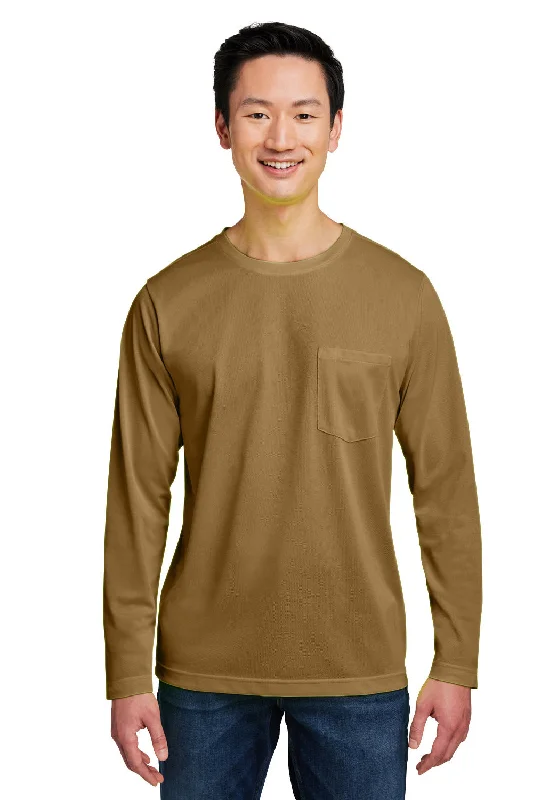 Harriton Mens Charge Moisture Wicking Long Sleeve Crewneck T-Shirt w/ Pocket - Coyote Brown