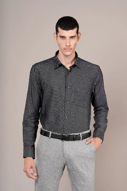 Men's Black Self Design Full Sleeves Formal Shirt