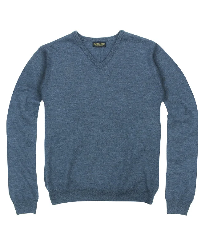 100% Pure Merino Wool Zegna Baruffa V-Neck Sweater - Blue