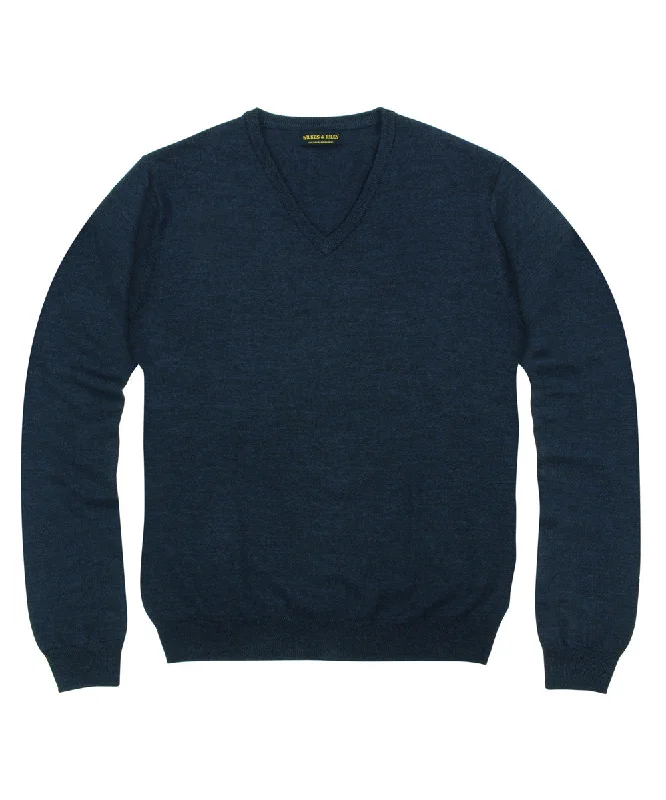 100% Pure Merino Wool Zegna Baruffa V-Neck Sweater - Navy