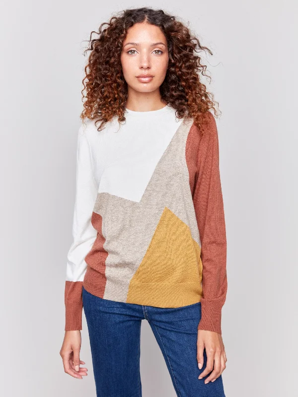 Color Block Crew Neck Sweater - Ecru