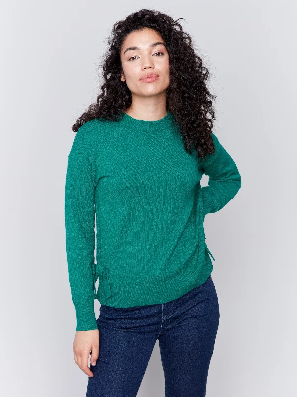 Crew Neck Sweater with Side Bows - Forest