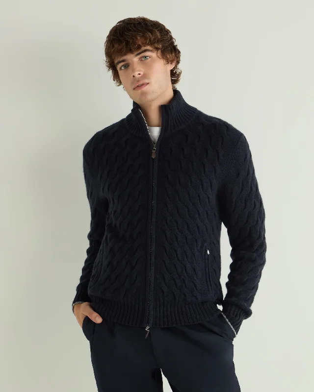 Men's Hammersmith Cable Full Zip Cashmere Sweater Navy Blue