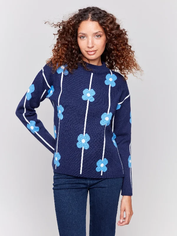 Plush Floral Print Sweater - Navy