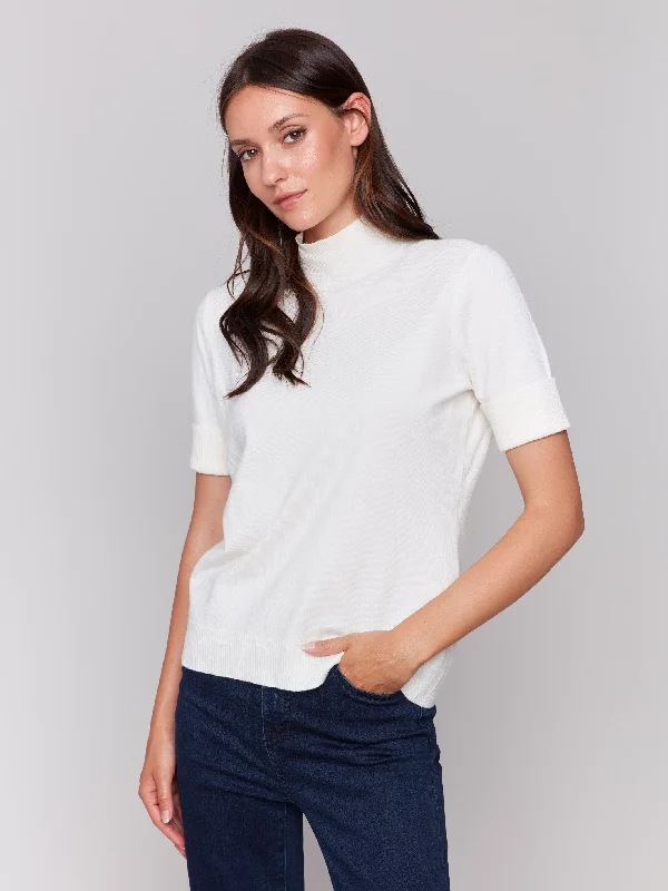 Short Sleeve Mock Neck Sweater - Ecru