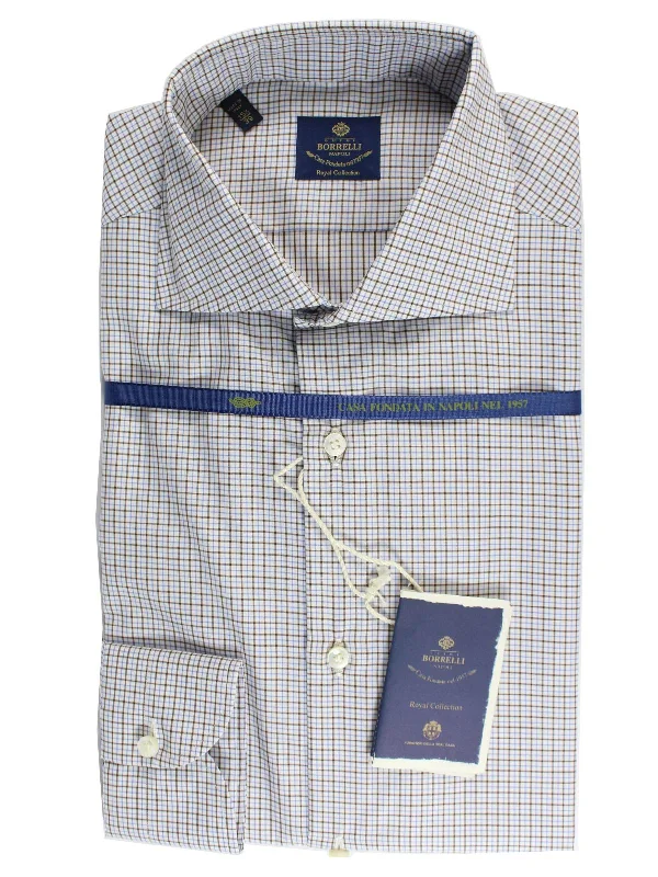 Borrelli Dress Shirt ROYAL COLLECTION White Blue Brown Check  40 - 15 3/4 BLACK FRIDAY SALE