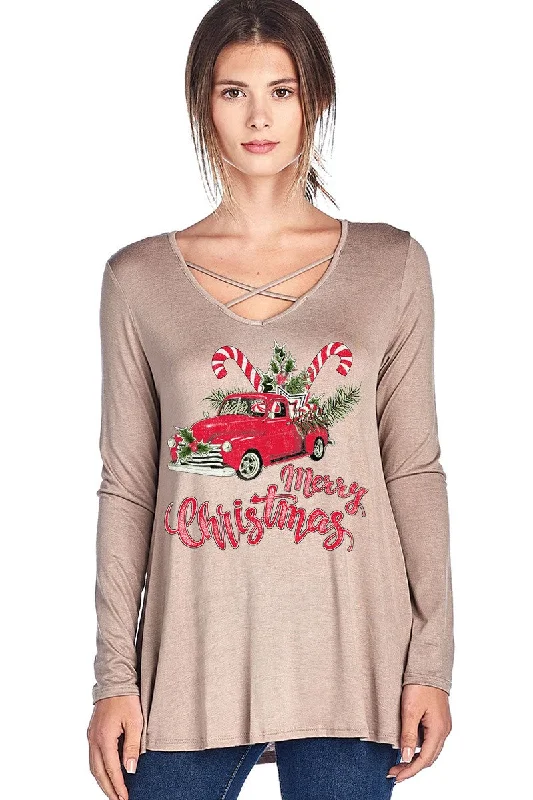 SALE Merry Christmas Candy Cane Truck Holiday Criss Cross Long Sleeve Shirt