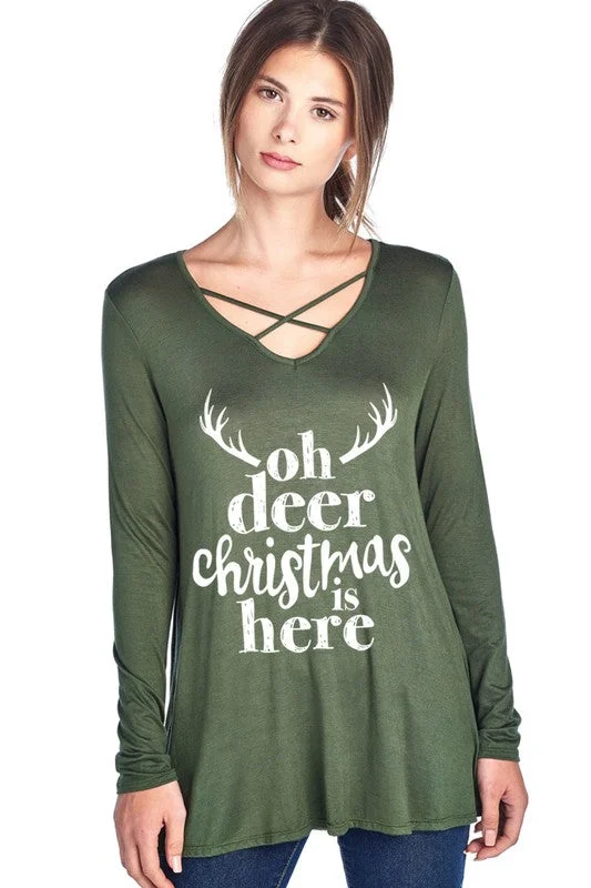 SALE Oh Deer Christmas is Here Holiday Criss Cross Long Sleeve Shirt