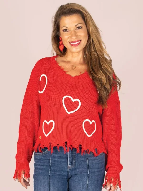 Simply Southern Hearts Distressed Long Sleeve V-Neck Sweatshirt