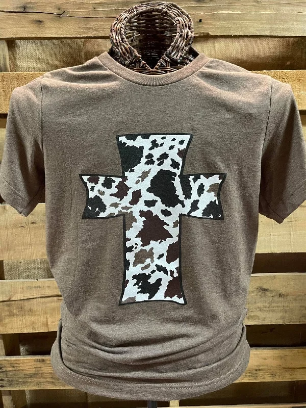 Southern Chics Apparel Cow Print Cross Canvas T Shirt