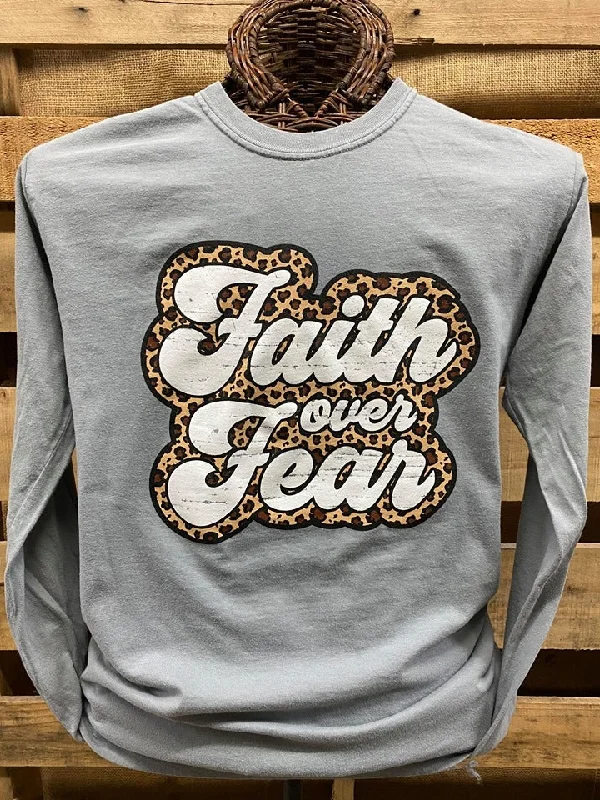 SALE Southern Chics Apparel Leopard Faith Over Fear Christian Comfort Colors Long Sleeve T Shirt