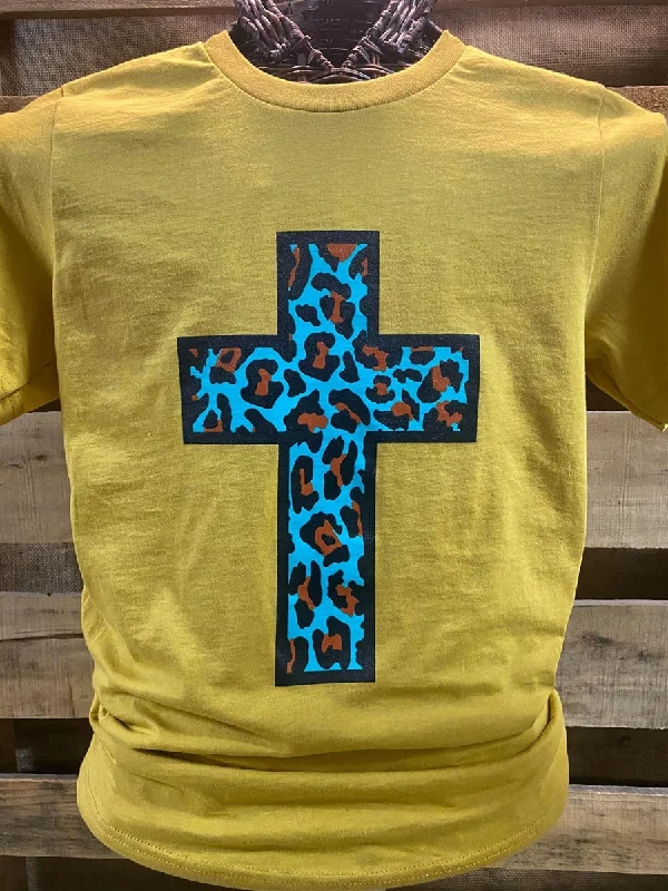 Southern Chics Apparel Turquiose Leopard Cross Mustard Canvas Girlie Bright T Shirt