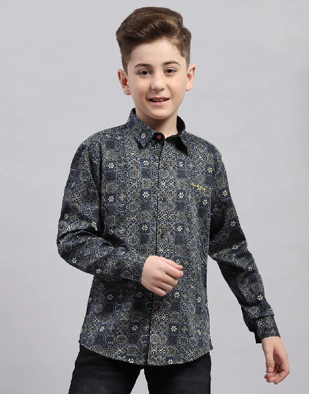 Boys Black Printed Collar Full Sleeve Shirt