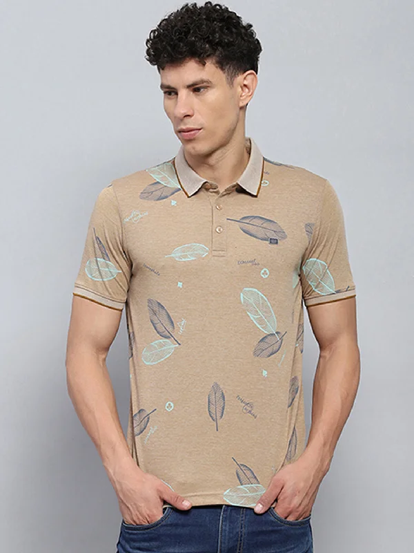 Men Beige Printed Collar Half Sleeve T-Shirt