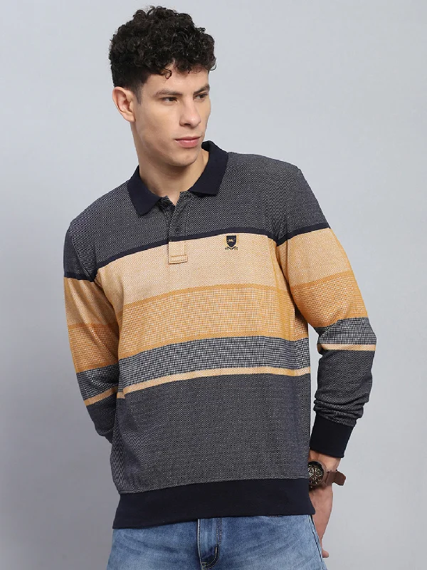 Men Beige Stripe Collar Full Sleeve Winter T-Shirt