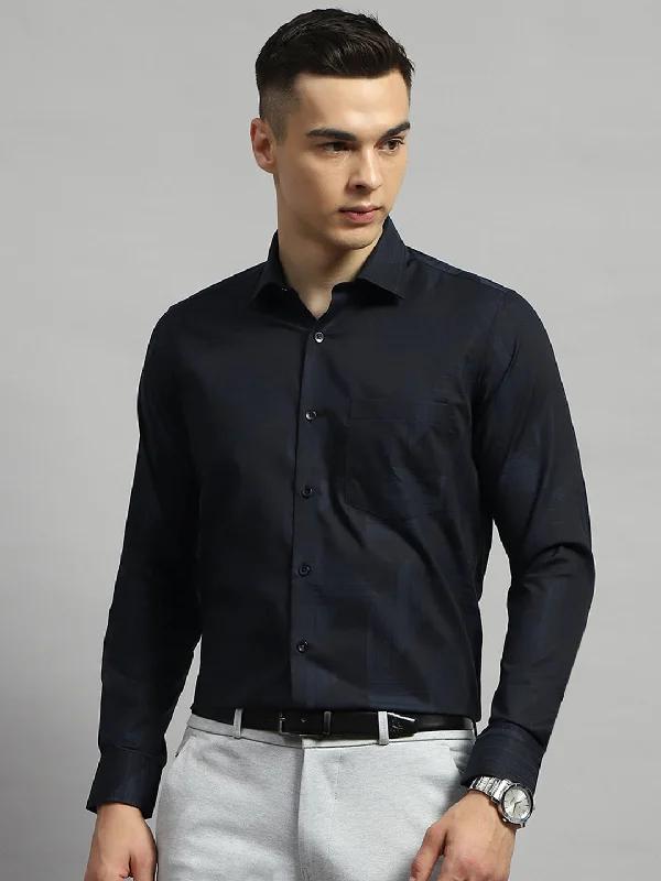 Men Black Self Design Collar Full Sleeve Shirt