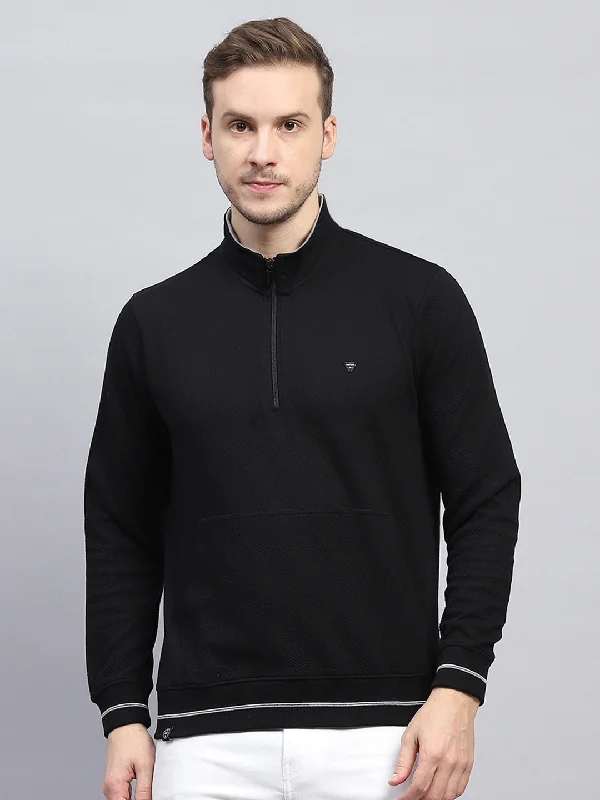 Men Black Self Design Mock Neck Full Sleeve Winter T-Shirt