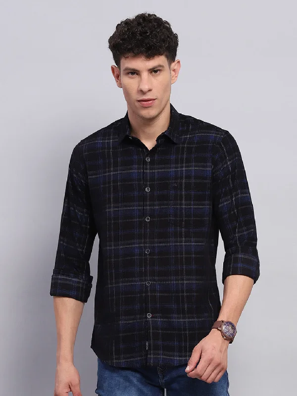 Men Blue & Black Check Collar Full Sleeve Shirt