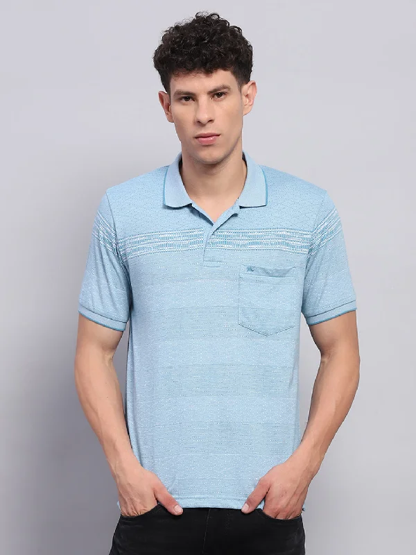 Men Blue Stripe Collar Half Sleeve T-Shirt