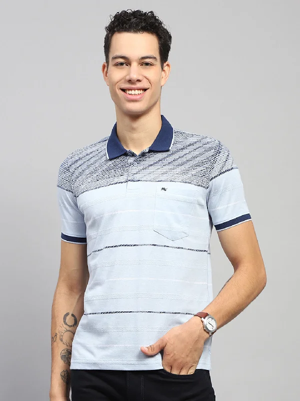 Men Blue Stripe Collar Half Sleeve T-Shirt