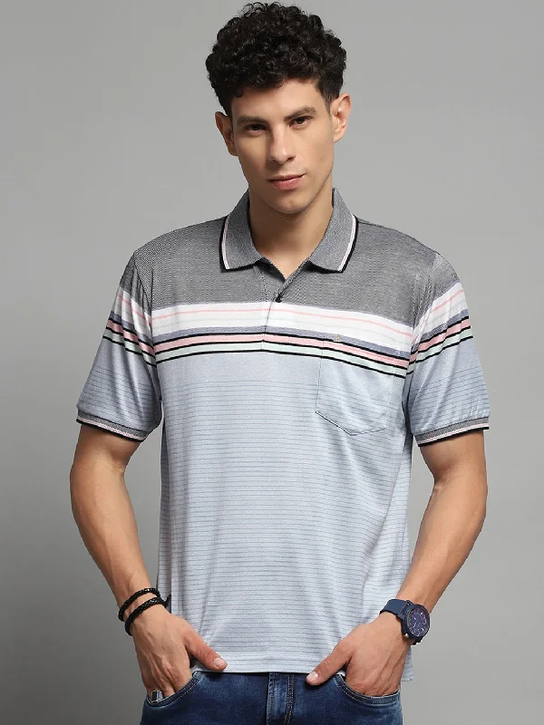 Men Blue Stripe Collar Half Sleeve T-Shirt