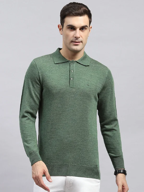 Men Green Solid Collar Full Sleeve Winter T-Shirt