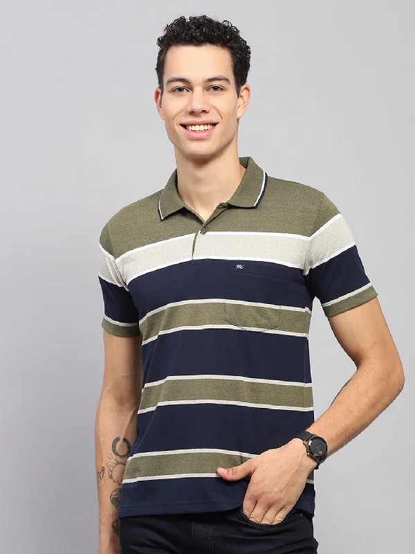 Men Green Stripe Collar Half Sleeve T-Shirt