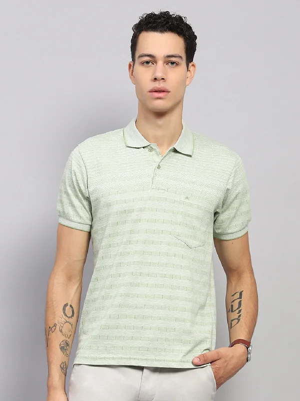 Men Green Stripe Collar Half Sleeve T-Shirt