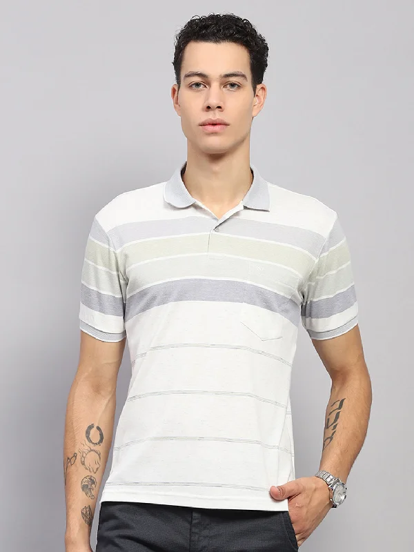 Men Grey Stripe Collar Half Sleeve T-Shirt