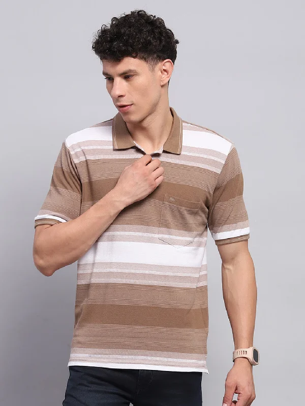 Men Khaki Stripe Collar Half Sleeve T-Shirt