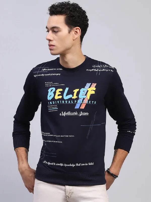 Men Navy Blue Printed Round Neck Full Sleeve Winter T-Shirt