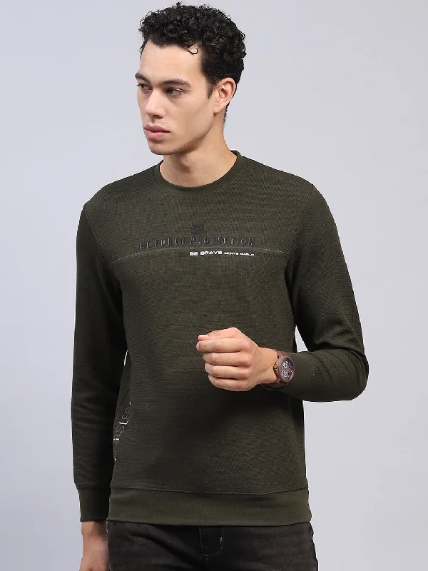 Men Olive Printed Round Neck Full Sleeve Winter T-Shirt