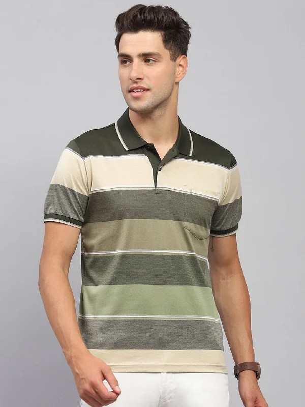 Men Olive Stripe Collar Half Sleeve T-Shirt