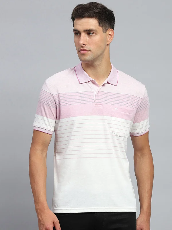 Men Pink Stripe Collar Half Sleeve T-Shirt