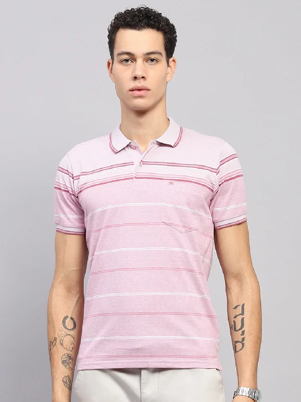 Men Pink Stripe Collar Half Sleeve T-Shirt