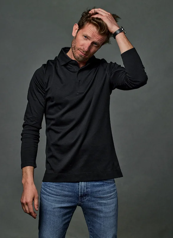 Supima® Cotton Long Sleeve Polo Shirt in Black